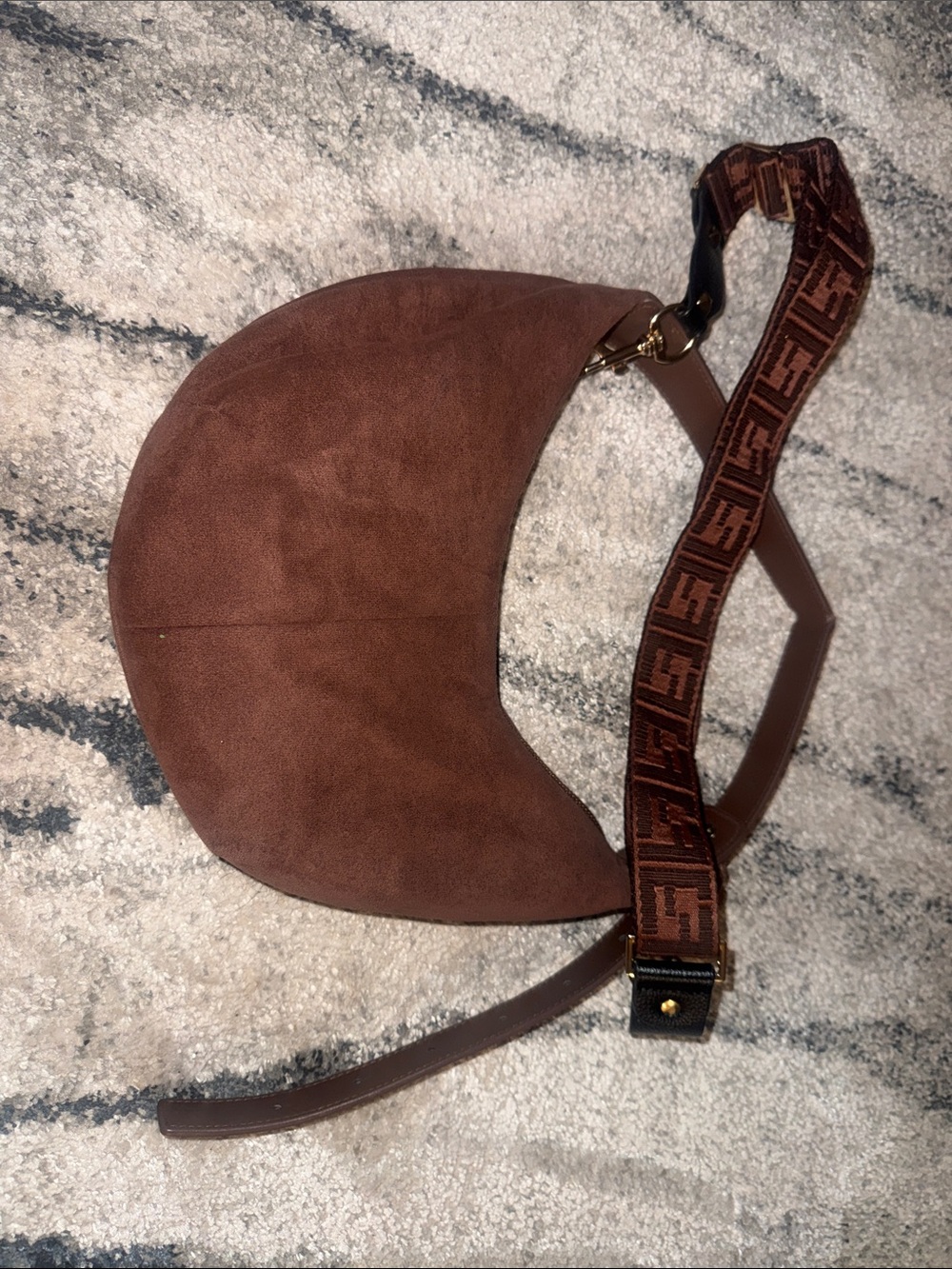 Brown Crescent Suede Crossbody Bag with Patterned Strap